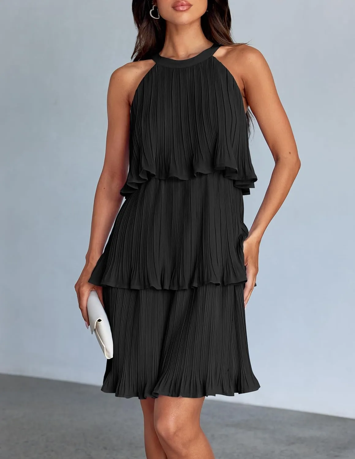 ZESICA Women's 2025 Summer Halter Dresses Sleeveless Ruffle Tiered Layered Chiffon Pleated A Line Swing Mini Dress