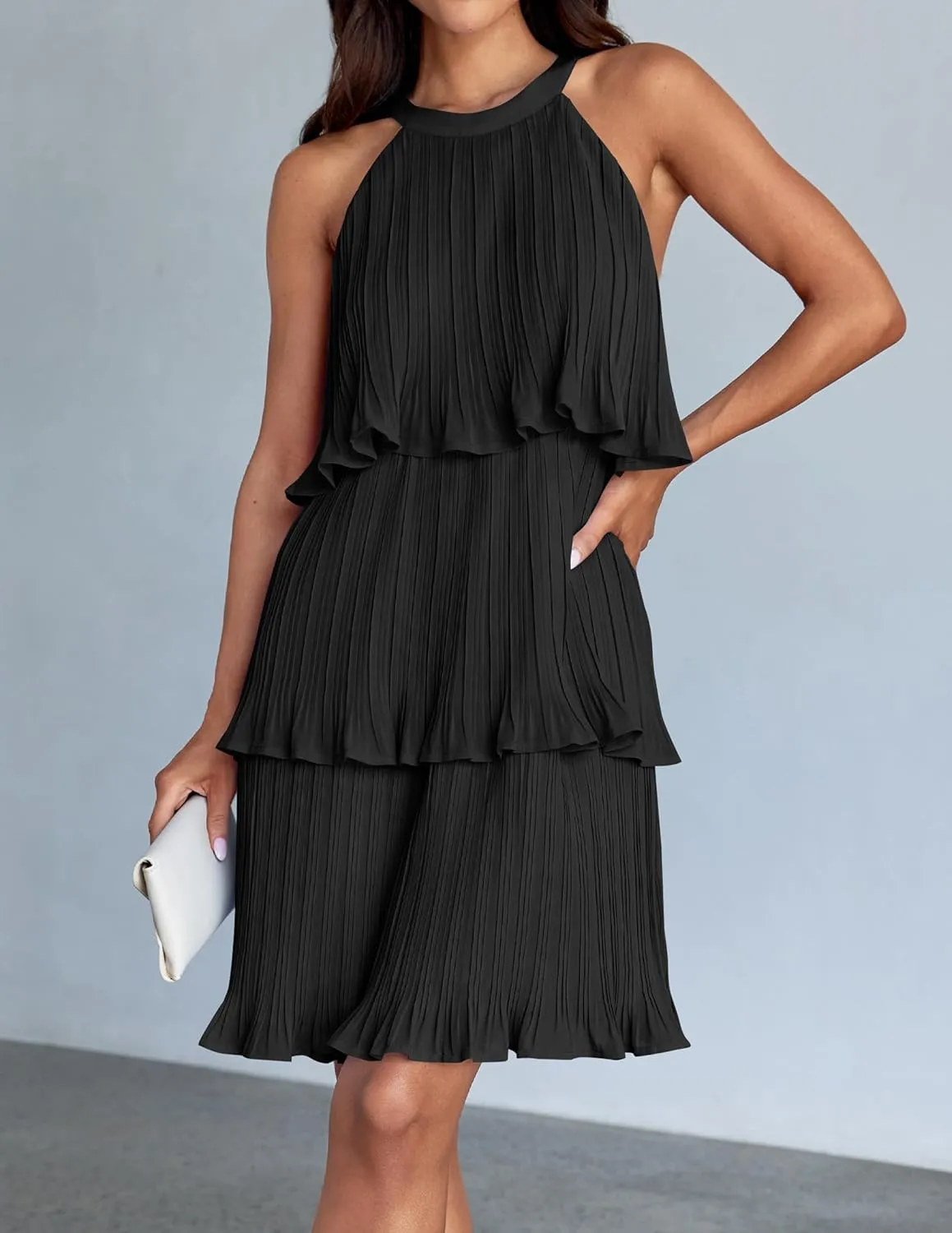 ZESICA Women's 2025 Summer Halter Dresses Sleeveless Ruffle Tiered Layered Chiffon Pleated A Line Swing Mini Dress