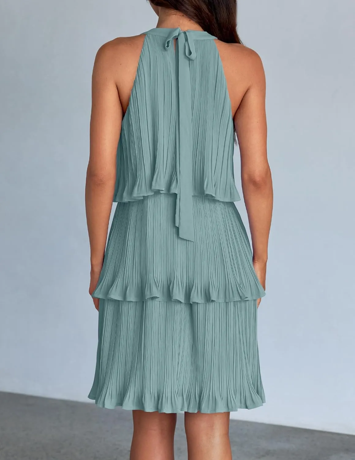 ZESICA Women's 2025 Summer Halter Dresses Sleeveless Ruffle Tiered Layered Chiffon Pleated A Line Swing Mini Dress