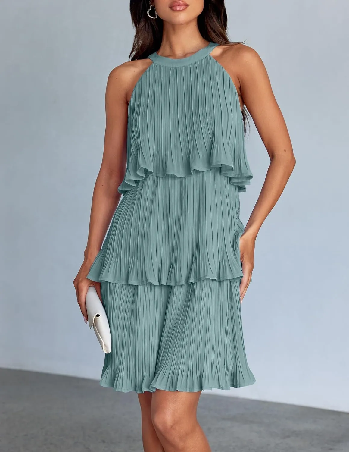 ZESICA Women's 2025 Summer Halter Dresses Sleeveless Ruffle Tiered Layered Chiffon Pleated A Line Swing Mini Dress