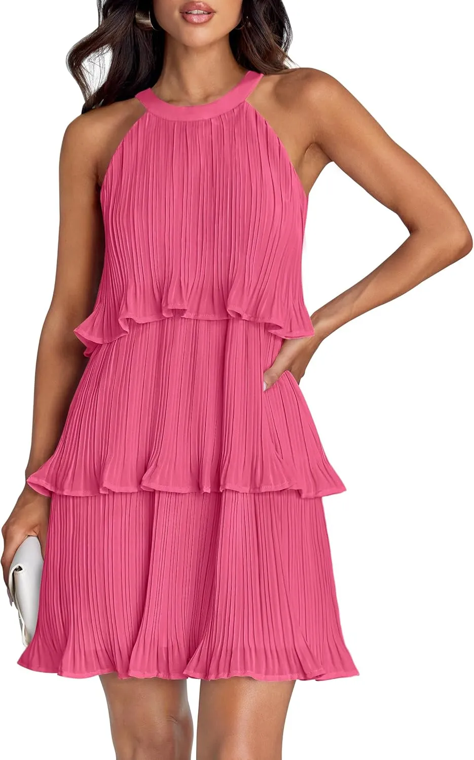 ZESICA Women's 2025 Summer Halter Dresses Sleeveless Ruffle Tiered Layered Chiffon Pleated A Line Swing Mini Dress