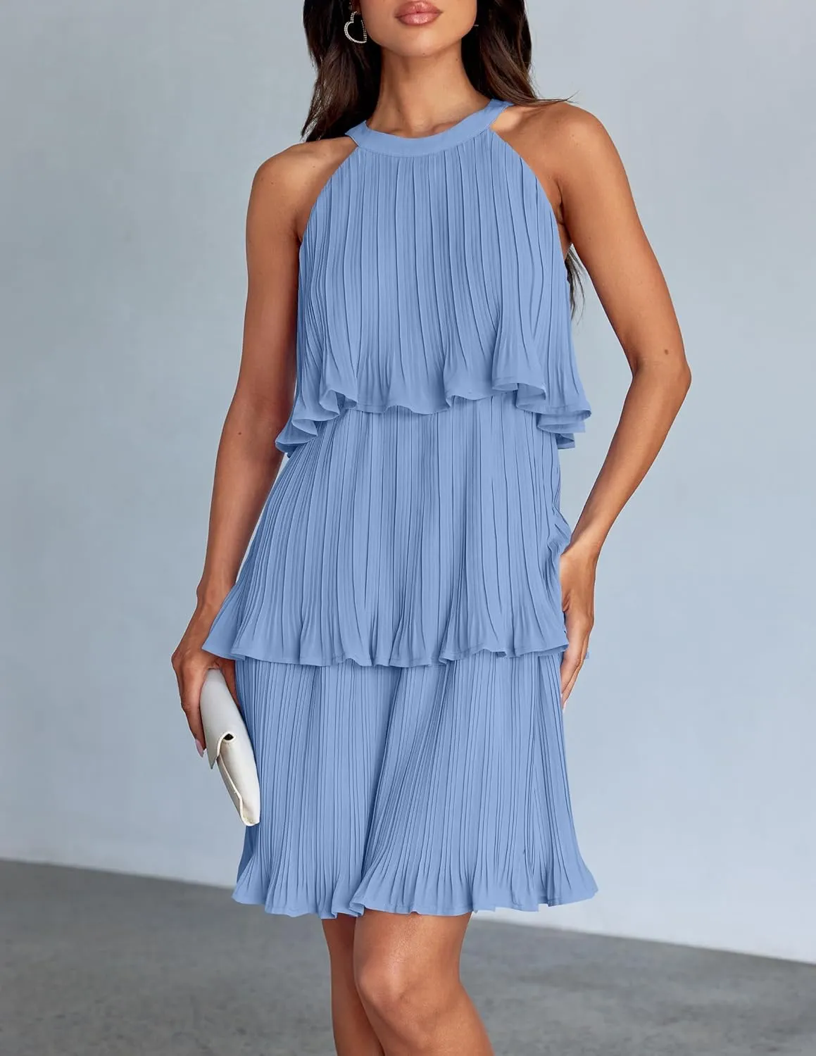 ZESICA Women's 2025 Summer Halter Dresses Sleeveless Ruffle Tiered Layered Chiffon Pleated A Line Swing Mini Dress